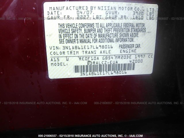 3N1AB61E17L698016 - 2007 NISSAN SENTRA 2.0/2.0S/2.0SL RED photo 9