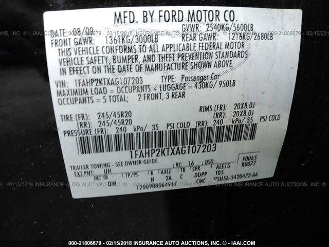 1FAHP2KTXAG107203 - 2010 FORD TAURUS SHO BLACK photo 9