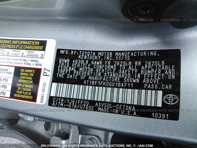 4T1BF1FK0GU164711 - 2016 TOYOTA CAMRY LE/XLE/SE/XSE SILVER photo 9