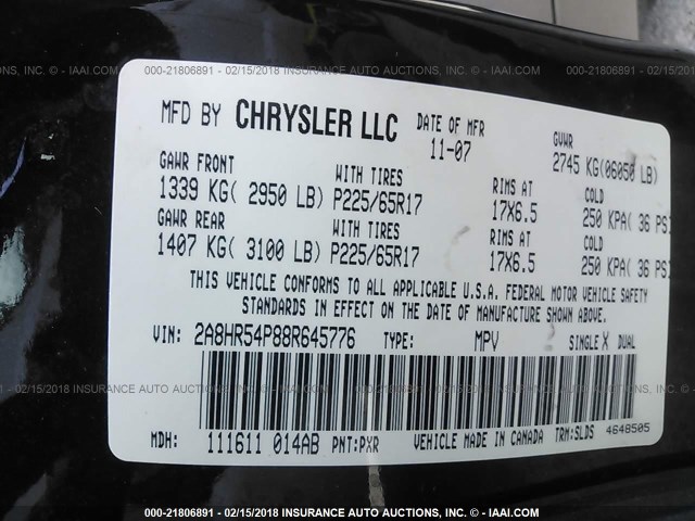 2A8HR54P88R645776 - 2008 CHRYSLER TOWN & COUNTRY TOURING BLACK photo 9