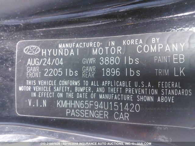 KMHHN65F94U151420 - 2004 HYUNDAI TIBURON GT BLACK photo 9