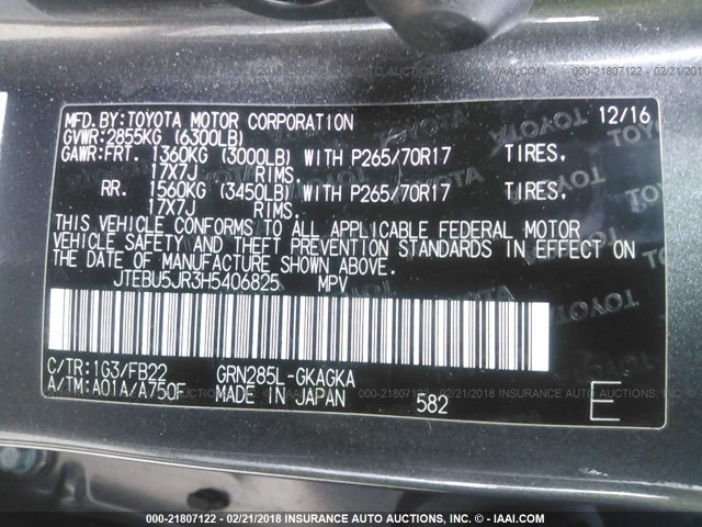 JTEBU5JR3H5406825 - 2017 TOYOTA 4RUNNER SR5 PREM/LTDL/TRAIL/TRD 灰色 照片 9