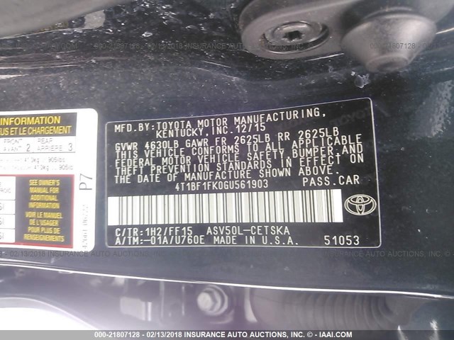 4T1BF1FK0GU561903 - 2016 TOYOTA CAMRY LE/XLE/SE/XSE GRAY photo 9