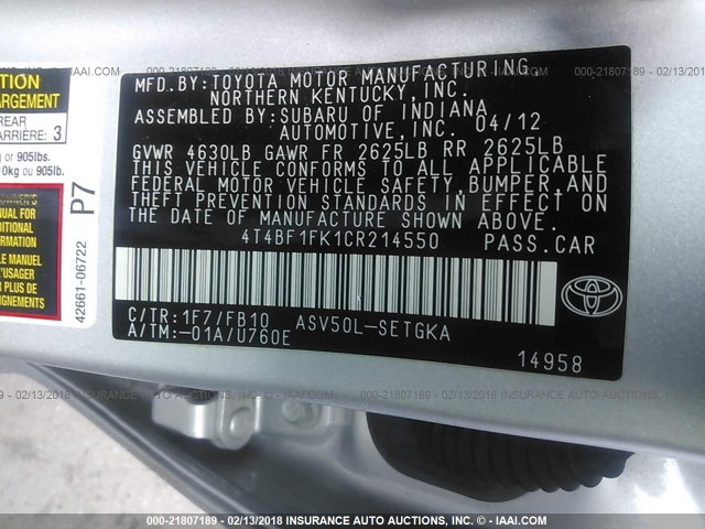 4T4BF1FK1CR214550 - 2012 TOYOTA CAMRY SE/LE/XLE SILVER photo 9