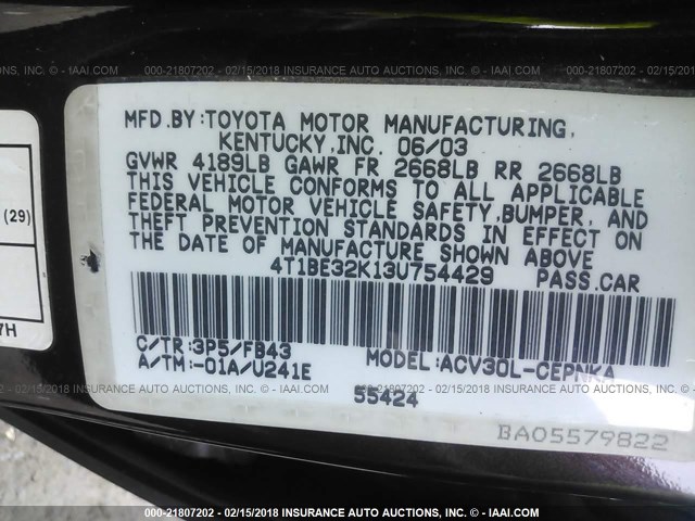 4T1BE32K13U754429 - 2003 TOYOTA CAMRY LE/XLE/SE BLACK photo 9