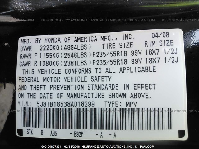 5J8TB18538A018299 - 2008 ACURA RDX TECHNOLOGY BLACK photo 9