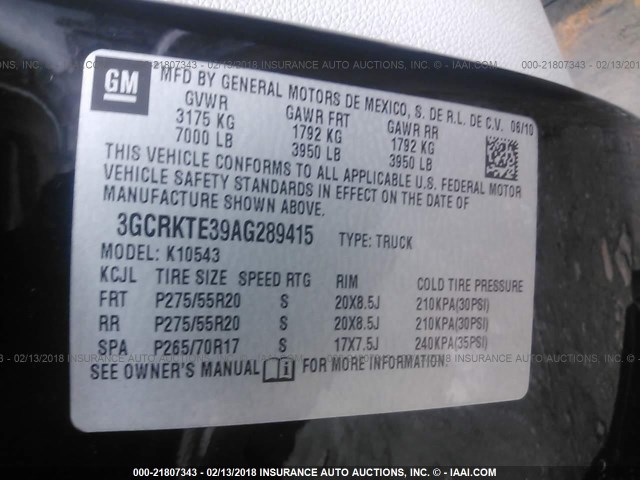 3GCRKTE39AG289415 - 2010 CHEVROLET SILVERADO K1500 LTZ BLACK photo 9