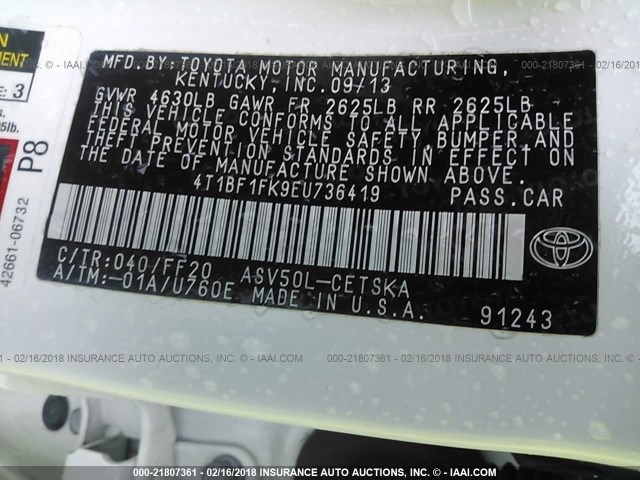 4T1BF1FK9EU736419 - 2014 TOYOTA CAMRY L/SE/LE/XLE 白色 照片 9