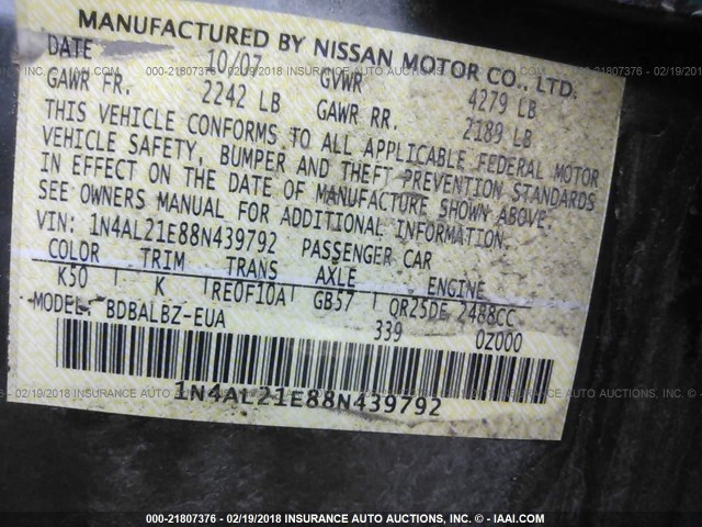 1N4AL21E88N439792 - 2008 NISSAN ALTIMA 2.5/2.5S GRAY photo 9