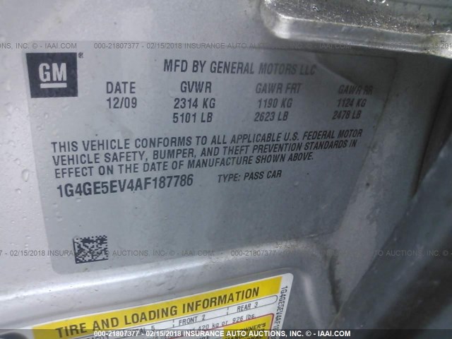 1G4GE5EV4AF187786 - 2010 BUICK LACROSSE CXS SILVER photo 9