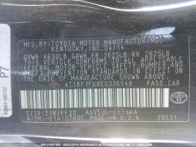 4T1BF1FK8EU396549 - 2014 TOYOTA CAMRY L/SE/LE/XLE შავი ფოტო 9