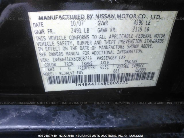 1N4BA41EX8C808721 - 2008 NISSAN MAXIMA SE/SL BLACK photo 9