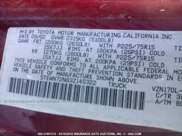 5TEWN72N83Z145322 - 2003 TOYOTA TACOMA XTRACAB MAROON photo 9