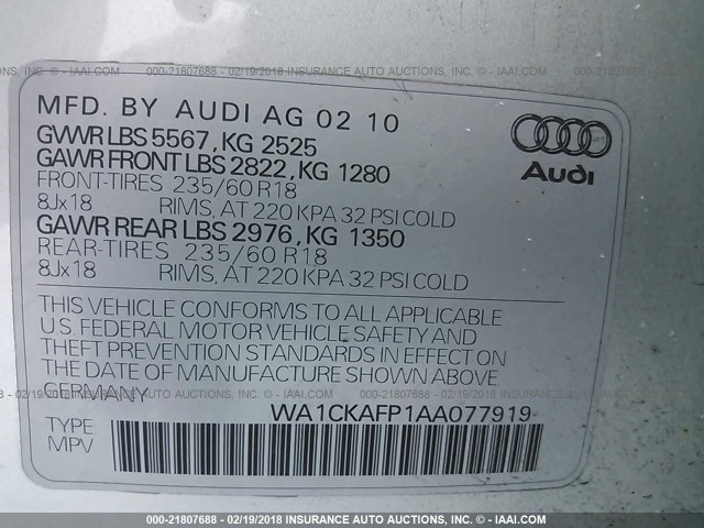 WA1CKAFP1AA077919 - 2010 AUDI Q5 PREMIUM SILVER photo 9