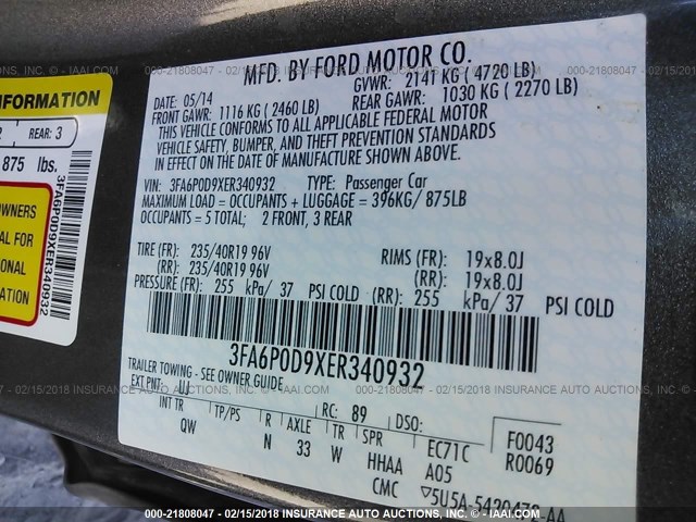 3FA6P0D9XER340932 - 2014 FORD FUSION TITANIUM GRAY photo 9