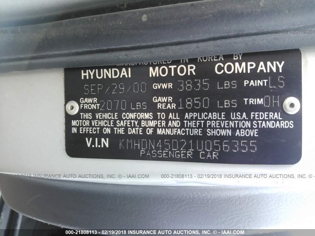 KMHDN45D21U056355 - 2001 HYUNDAI ELANTRA GLS/GT GRAY photo 9