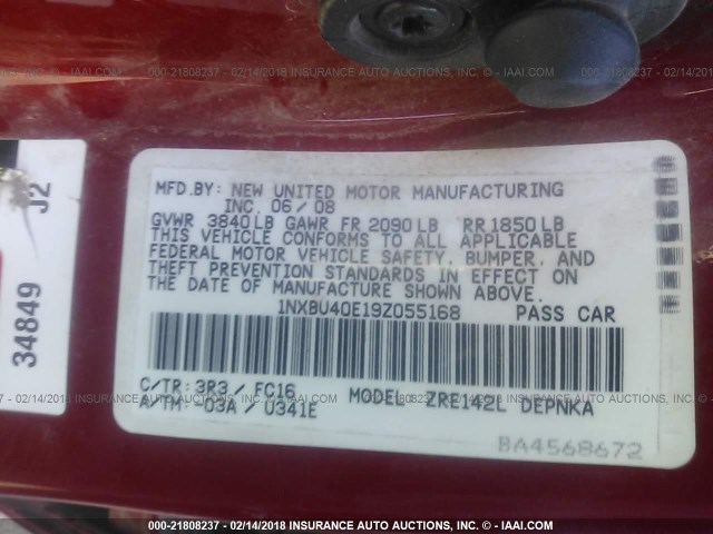 1NXBU40E19Z055168 - 2009 TOYOTA COROLLA S/LE/XLE MAROON photo 9