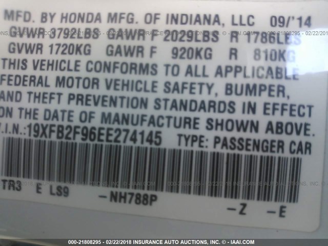 19XFB2F96EE274145 - 2014 HONDA CIVIC EXL WHITE photo 9
