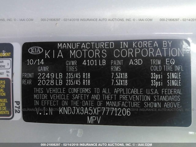 KNDJX3A5XF7771206 - 2015 KIA SOUL ! SILVER photo 9