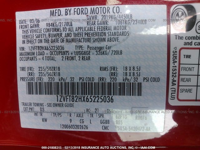 1ZVFT82HX65225036 - 2006 FORD MUSTANG GT RED photo 9