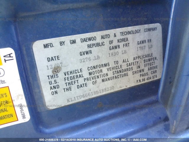 KL1TD66618B188230 - 2008 CHEVROLET AVEO LS 蓝色 照片 9