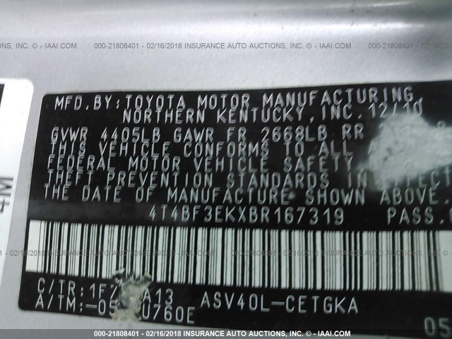 4T4BF3EKXBR167319 - 2011 TOYOTA CAMRY SE/LE/XLE SILVER photo 9