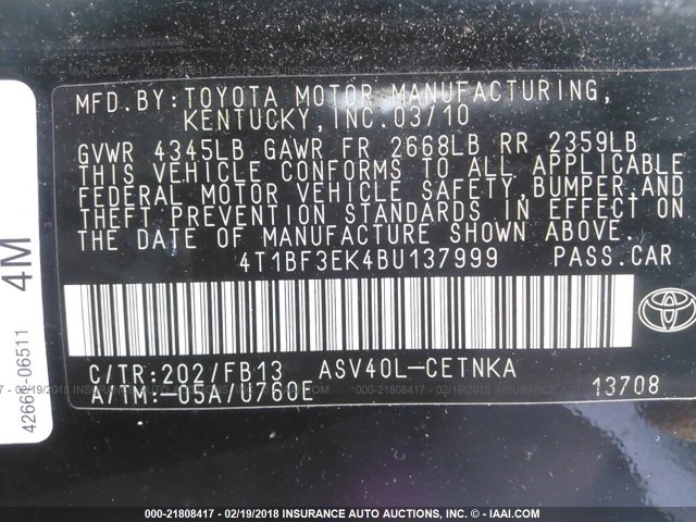 4T1BF3EK4BU137999 - 2011 TOYOTA CAMRY SE/LE/XLE BLACK photo 9