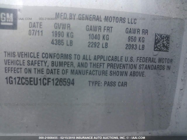 1G1ZC5EU1CF126594 - 2012 CHEVROLET MALIBU 1LT 银色 照片 9