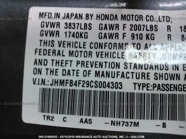 JHMFB4F29CS004303 - 2012 HONDA CIVIC HYBRID GRAY photo 9