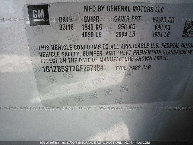 1G1ZB5ST7GF257484 - 2016 CHEVROLET MALIBU LS ვერცხლისფერი ფოტო 9