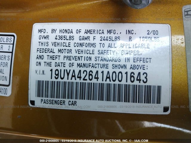 19UYA42641A001643 - 2001 ACURA 3.2CL TYPE-S ORANGE photo 9