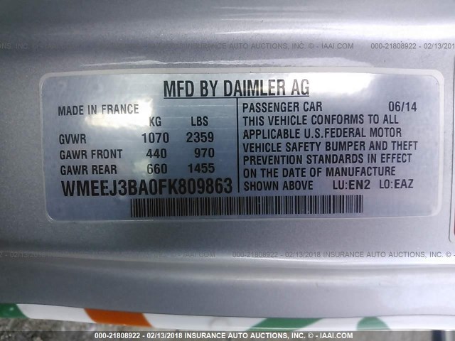 WMEEJ3BA0FK809863 - 2015 SMART FORTWO PURE/PASSION WHITE photo 9