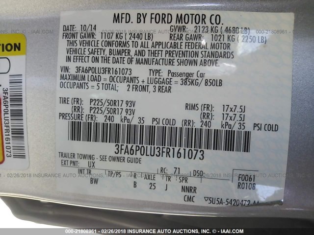 3FA6P0LU3FR161073 - 2015 FORD FUSION SE HYBRID SILVER photo 9