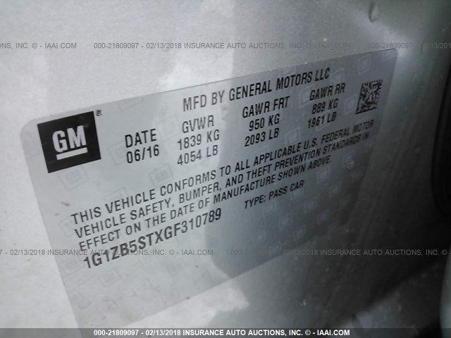 1G1ZB5STXGF310789 - 2016 CHEVROLET MALIBU LS 银色 照片 9