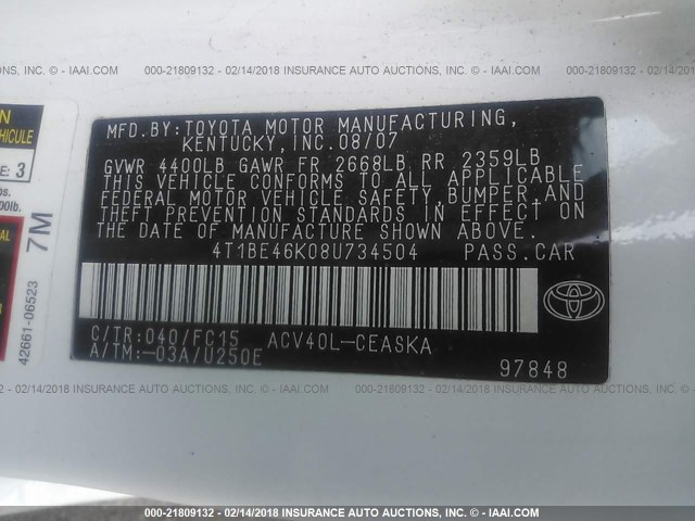 4T1BE46K08U734504 - 2008 TOYOTA CAMRY CE/LE/XLE/SE WHITE photo 9