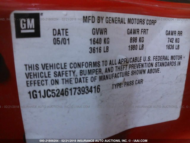 1G1JC524617393416 - 2001 CHEVROLET CAVALIER CNG RED photo 9