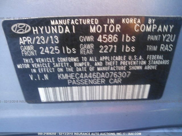 KMHEC4A46DA076307 - 2013 HYUNDAI SONATA HYBRID Light Blue photo 9