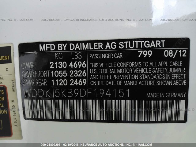 WDDKJ5KB9DF194151 - 2013 MERCEDES-BENZ E 350 WHITE photo 9