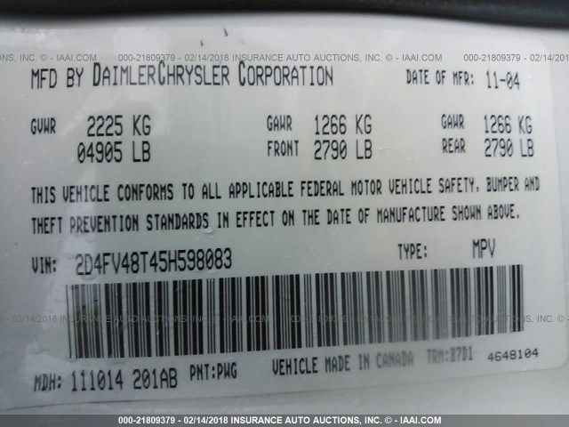 2D4FV48T45H598083 - 2005 DODGE MAGNUM SE WHITE photo 9