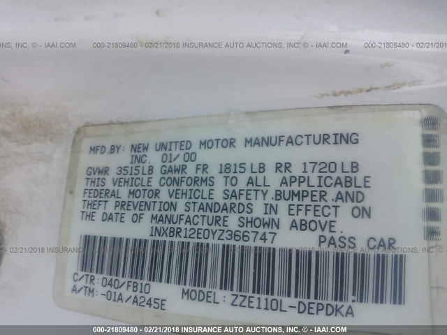 1NXBR12E0YZ366747 - 2000 TOYOTA COROLLA VE/CE/LE 白色 照片 9