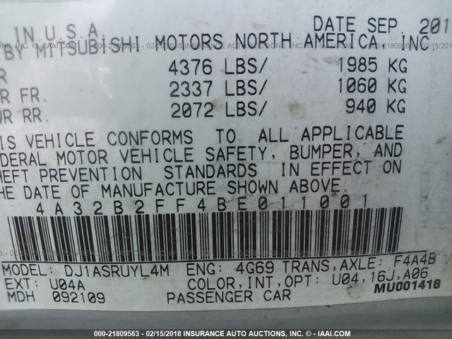 4A32B2FF4BE011001 - 2011 MITSUBISHI GALANT FE SILVER photo 9