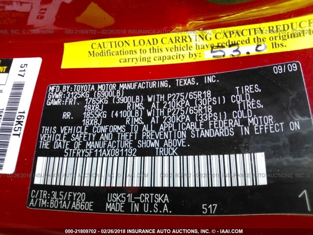 5TFRY5F11AX081192 - 2010 TOYOTA TUNDRA DOUBLE CAB SR5 RED photo 9