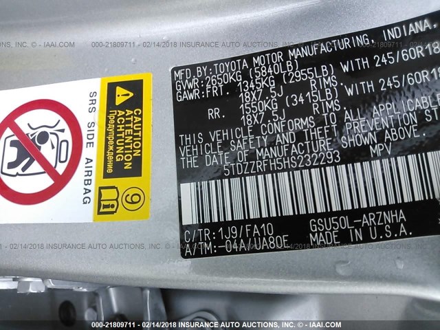 5TDZZRFH5HS232293 - 2017 TOYOTA HIGHLANDER LE/LE PLUS SILVER photo 9