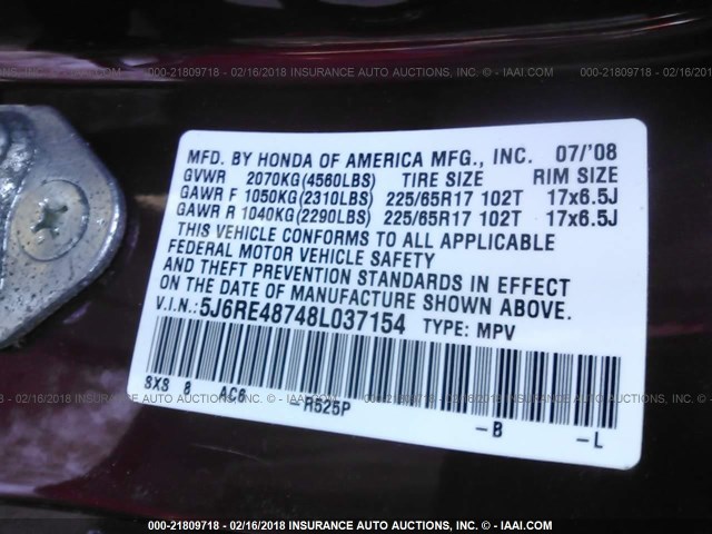 5J6RE48748L037154 - 2008 HONDA CR-V EXL RED photo 9