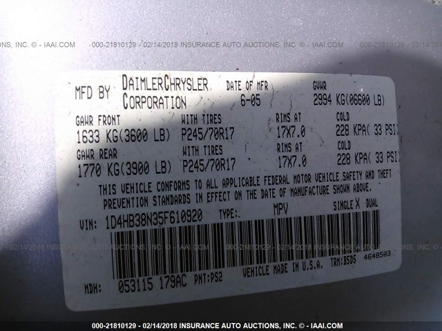 1D4HB38N35F610920 - 2005 DODGE DURANGO ST SILVER photo 9