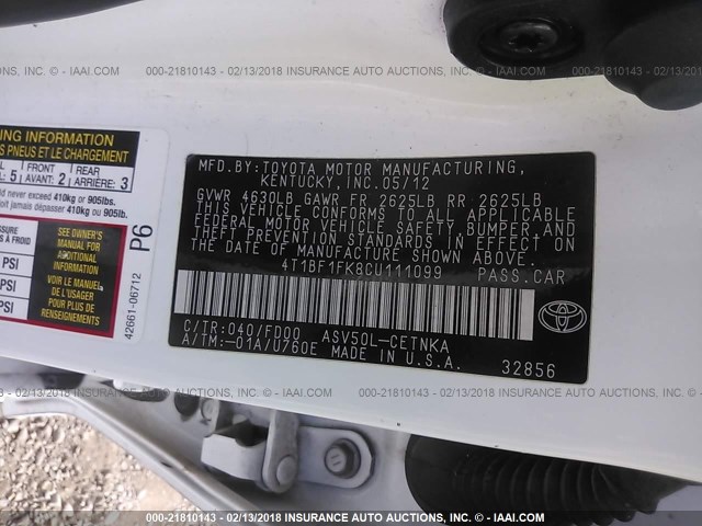 4T1BF1FK8CU111099 - 2012 TOYOTA CAMRY SE/LE/XLE WHITE photo 9