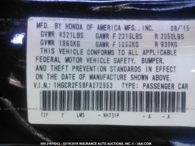 1HGCR2F59FA272553 - 2015 HONDA ACCORD SPORT 黑色 照片 9