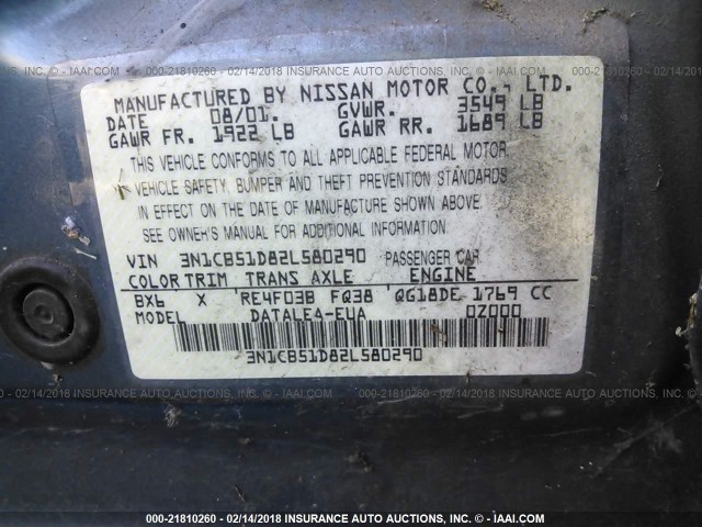 3N1CB51D82L580290 - 2002 NISSAN SENTRA XE/GXE BLUE photo 9