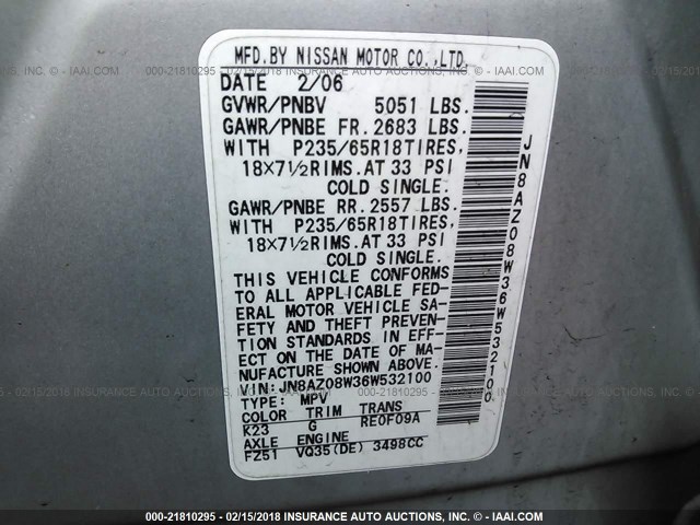 JN8AZ08W36W532100 - 2006 NISSAN MURANO SL/SE/S SILVER photo 9