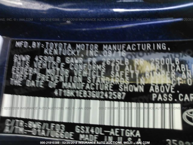 4T1BK1EB3GU242587 - 2016 TOYOTA AVALON XLE PLUS/PREMIUM/TOUR/LTD BLUE photo 9